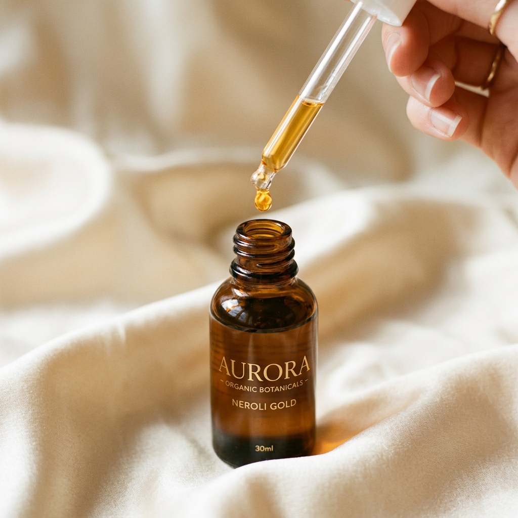 Golden botanical oil drop from glass pipette